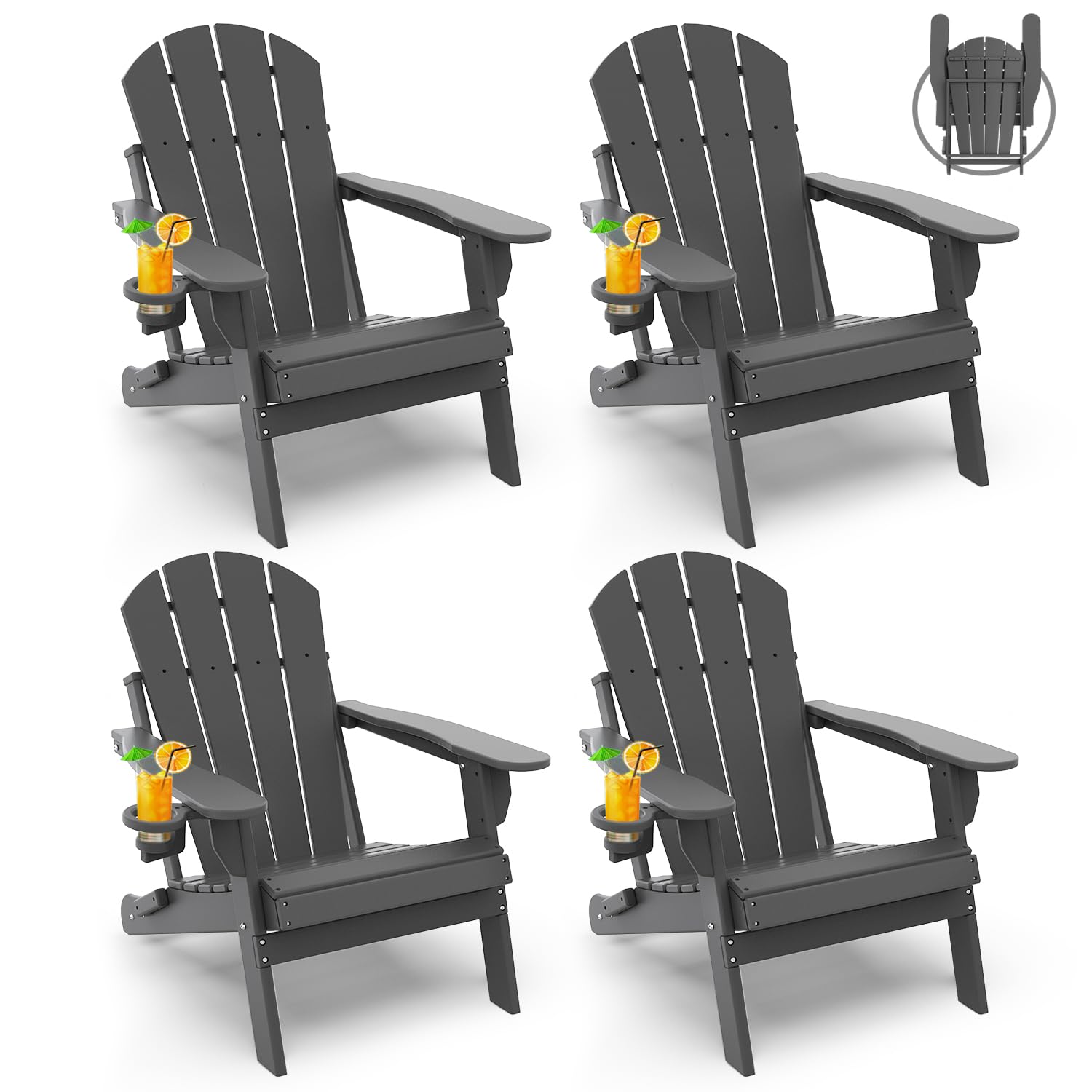 GREENVINES Folding-Adirondack-Chairs-Set-of-4 | HDPE Plastic | Fire Pit Chair | All Weather | Cup Holder | Blue | for Deck Backyard Patio Outdoor Garden