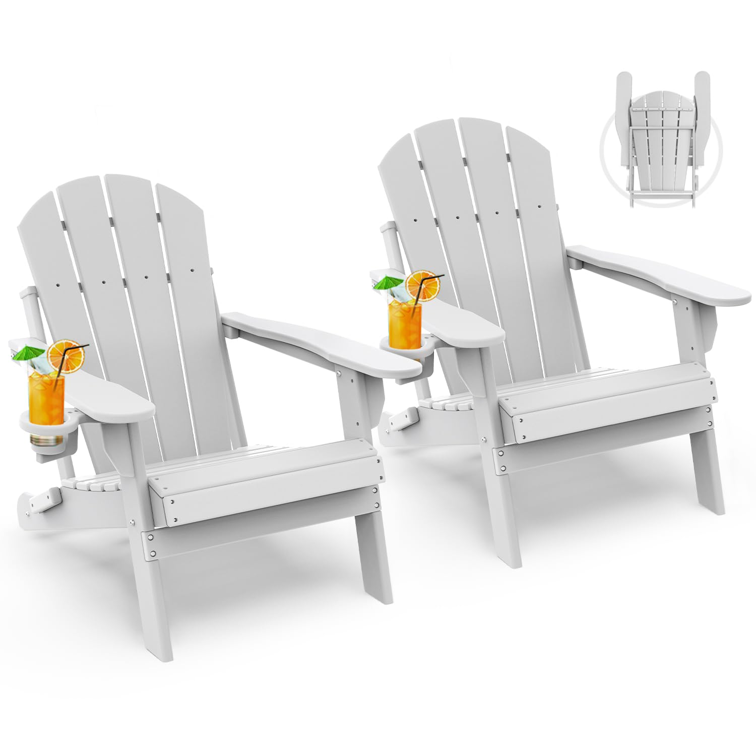 GREENVINES Folding-Adirondack-Chairs-Set-of-4 | HDPE Plastic | Fire Pit Chair | All Weather | Cup Holder | Blue | for Deck Backyard Patio Outdoor Garden