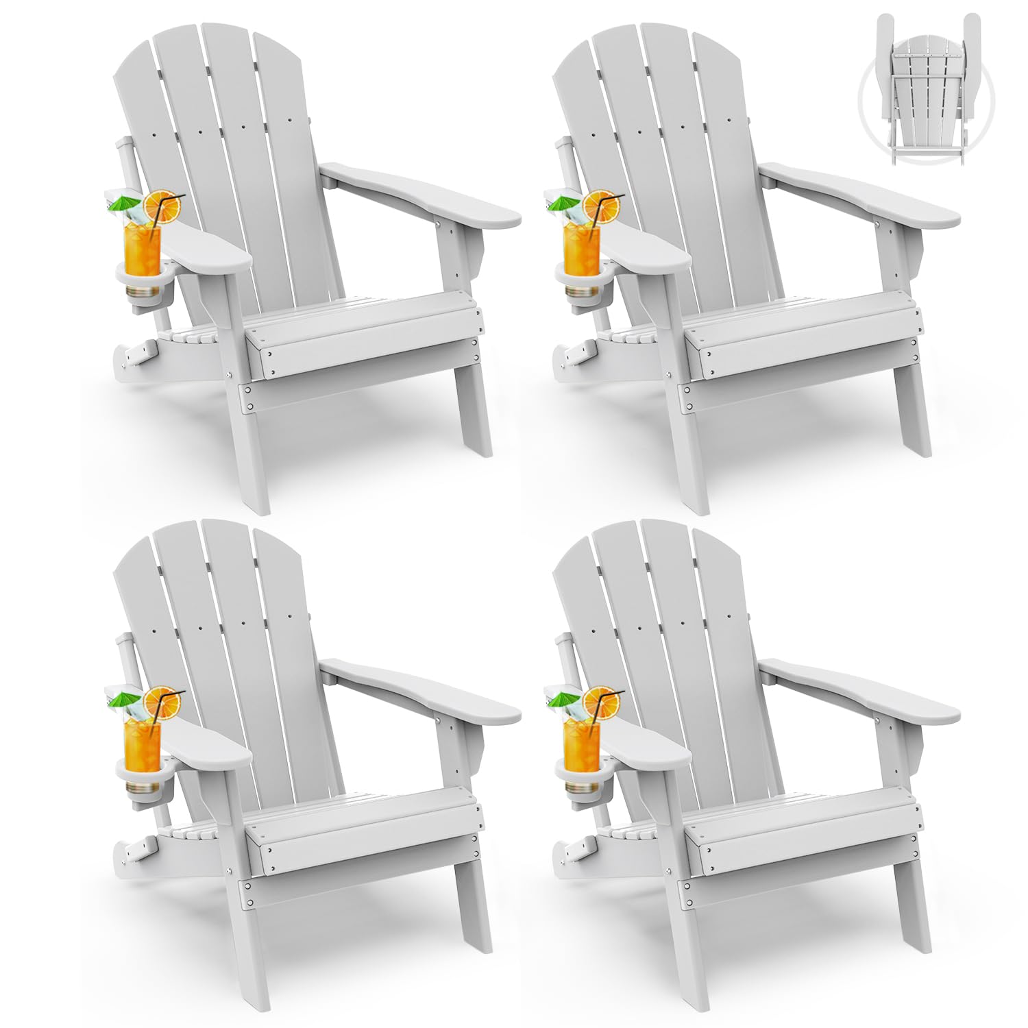 GREENVINES Folding-Adirondack-Chairs-Set-of-4 | HDPE Plastic | Fire Pit Chair | All Weather | Cup Holder | Blue | for Deck Backyard Patio Outdoor Garden