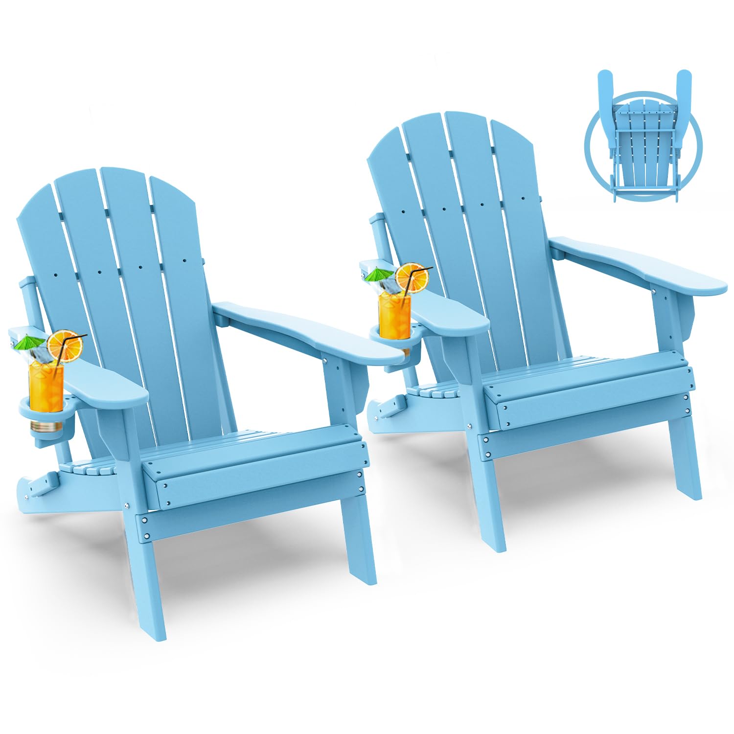 GREENVINES Folding-Adirondack-Chairs-Set-of-4 | HDPE Plastic | Fire Pit Chair | All Weather | Cup Holder | Blue | for Deck Backyard Patio Outdoor Garden
