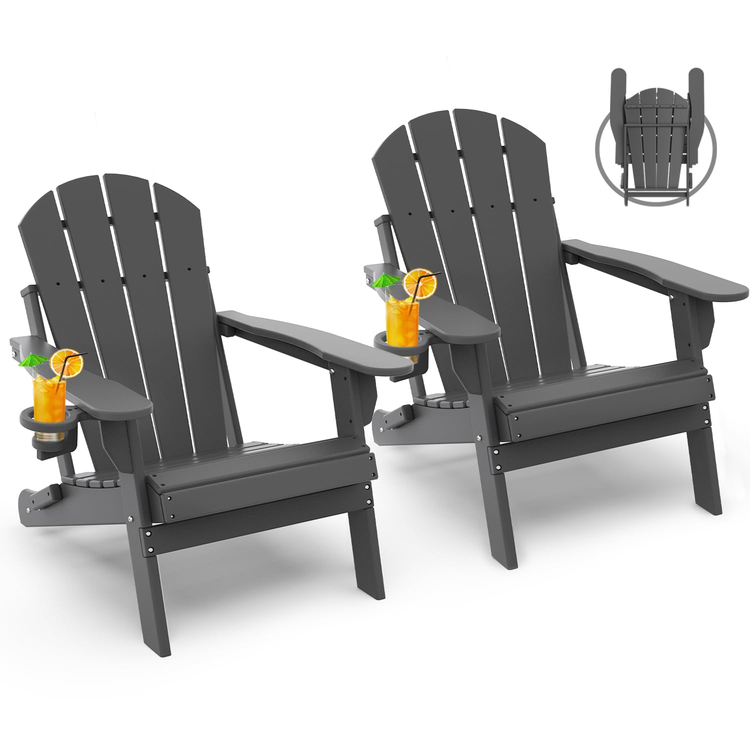 GREENVINES Folding-Adirondack-Chairs-Set-of-4 | HDPE Plastic | Fire Pit Chair | All Weather | Cup Holder | Blue | for Deck Backyard Patio Outdoor Garden