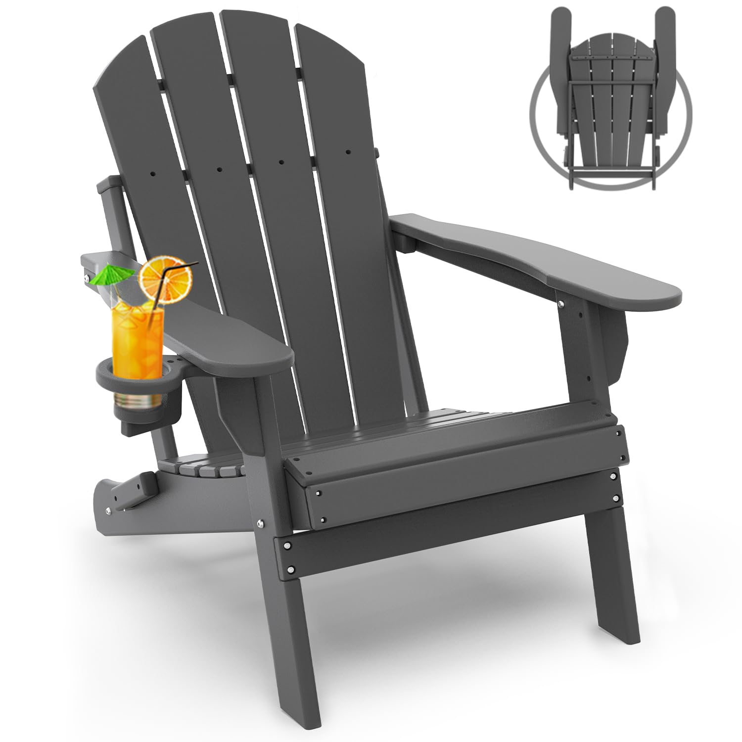 GREENVINES Folding-Adirondack-Chairs-Set-of-4 | HDPE Plastic | Fire Pit Chair | All Weather | Cup Holder | Blue | for Deck Backyard Patio Outdoor Garden