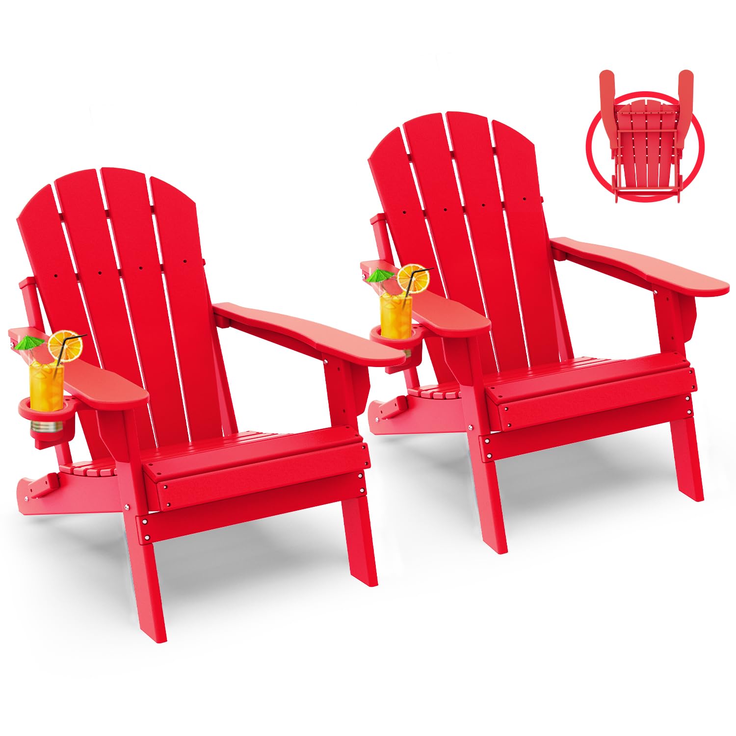 GREENVINES Folding-Adirondack-Chairs-Set-of-4 | HDPE Plastic | Fire Pit Chair | All Weather | Cup Holder | Blue | for Deck Backyard Patio Outdoor Garden
