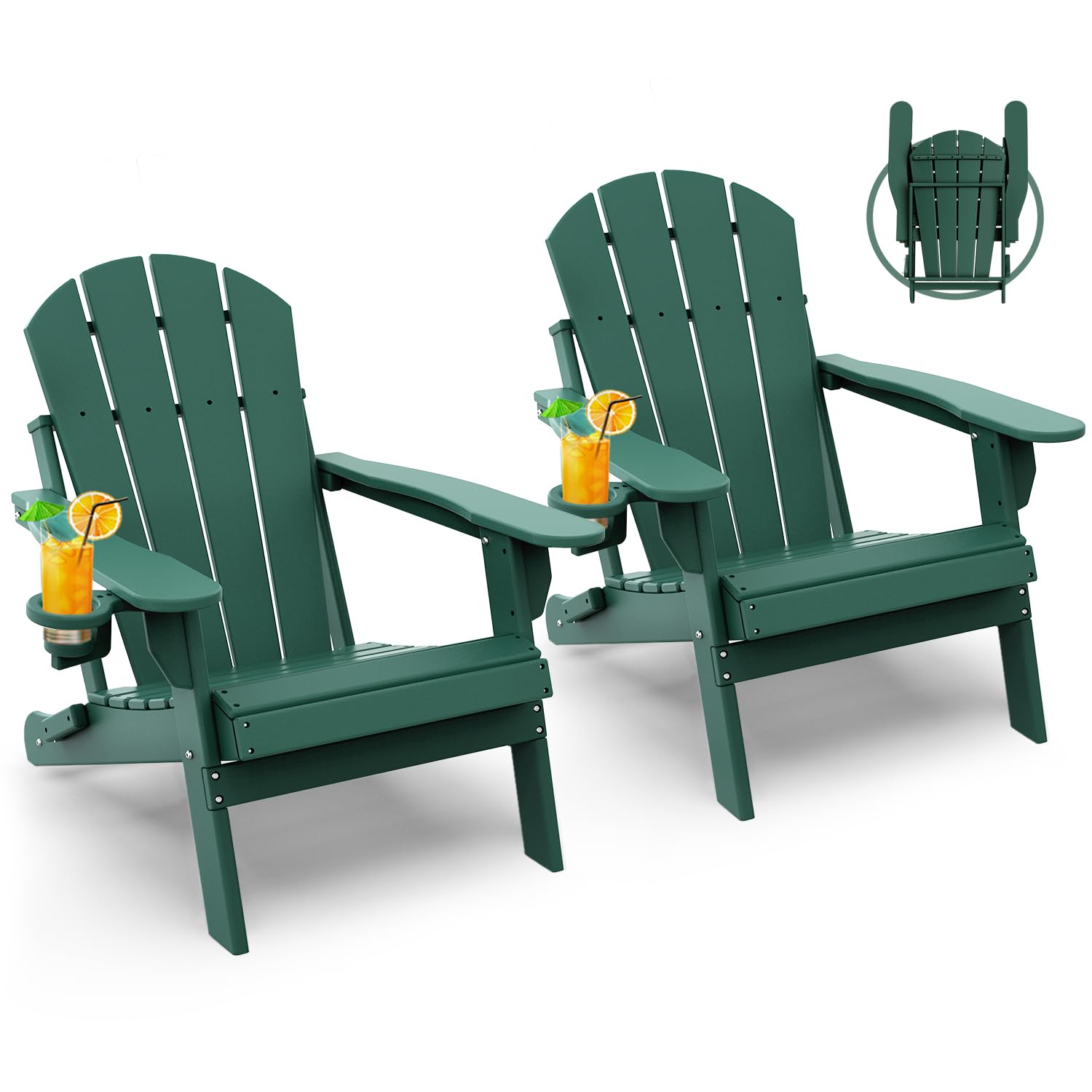 GREENVINES Folding-Adirondack-Chairs-Set-of-4 | HDPE Plastic | Fire Pit Chair | All Weather | Cup Holder | Blue | for Deck Backyard Patio Outdoor Garden