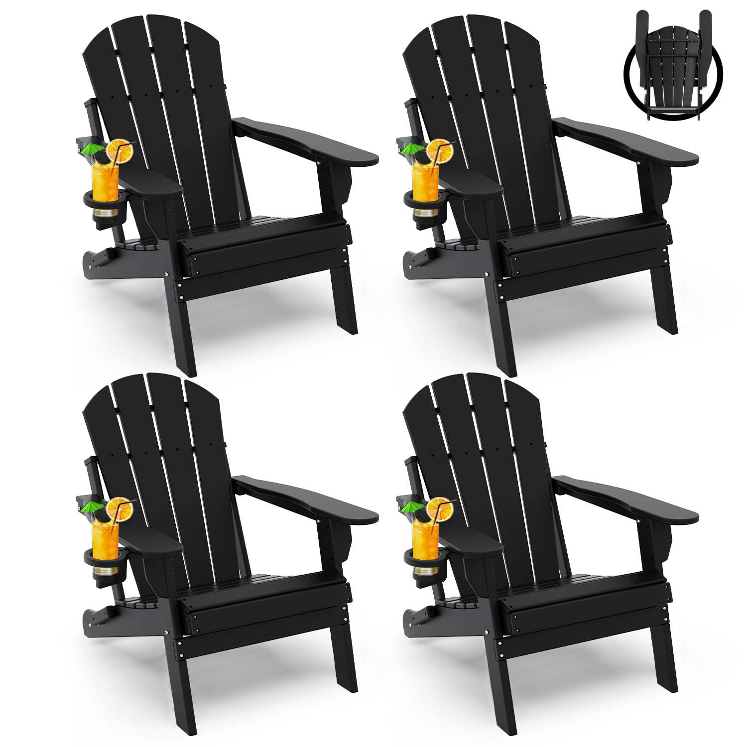 GREENVINES Folding-Adirondack-Chairs-Set-of-4 | HDPE Plastic | Fire Pit Chair | All Weather | Cup Holder | Blue | for Deck Backyard Patio Outdoor Garden