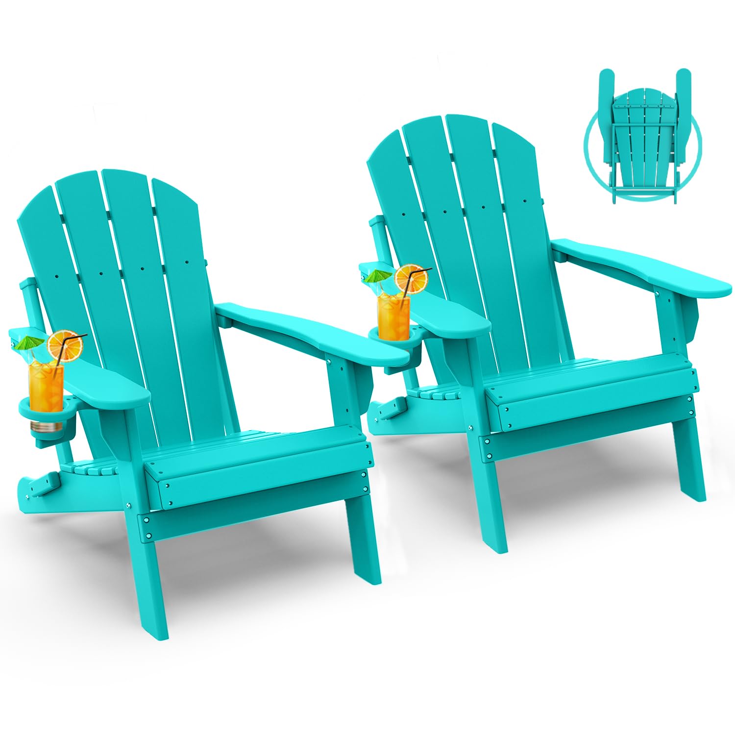 GREENVINES Folding-Adirondack-Chairs-Set-of-4 | HDPE Plastic | Fire Pit Chair | All Weather | Cup Holder | Blue | for Deck Backyard Patio Outdoor Garden