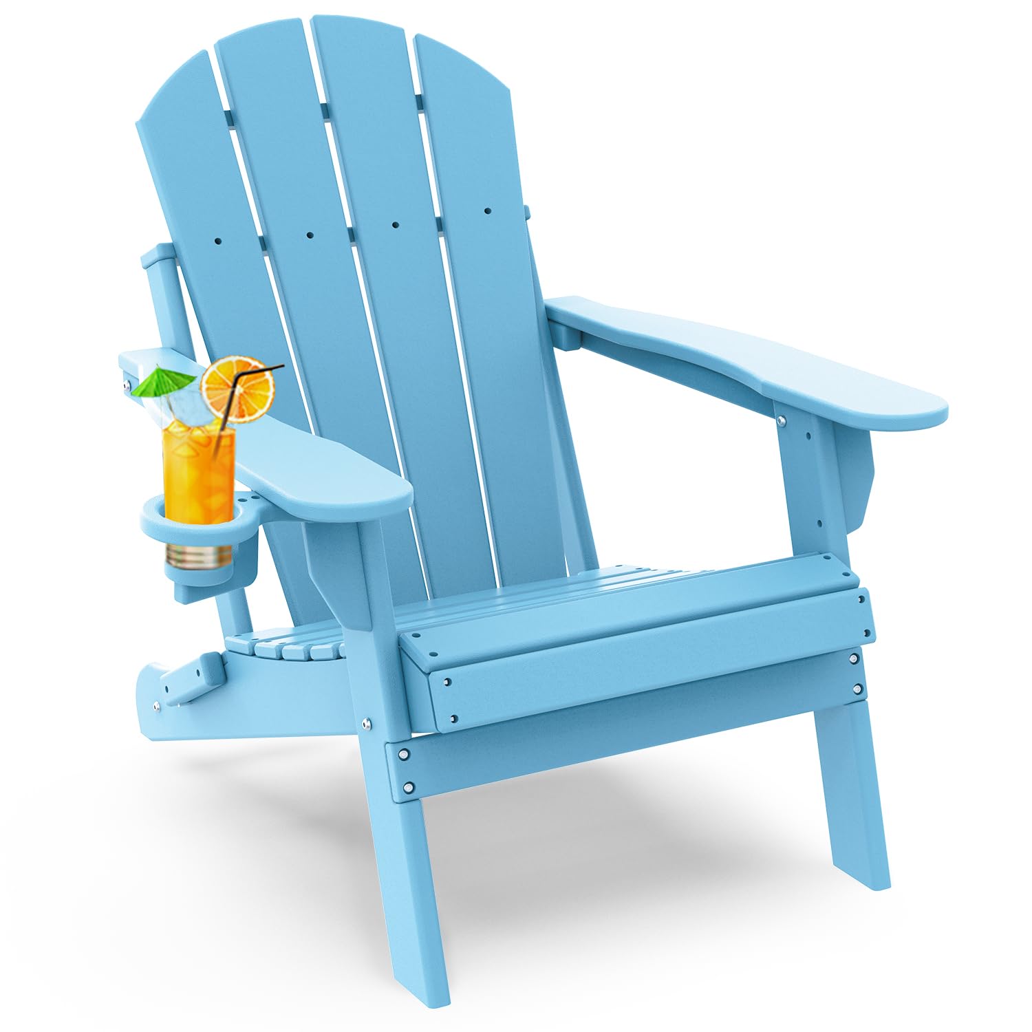 GREENVINES Folding-Adirondack-Chairs-Set-of-4 | HDPE Plastic | Fire Pit Chair | All Weather | Cup Holder | Blue | for Deck Backyard Patio Outdoor Garden