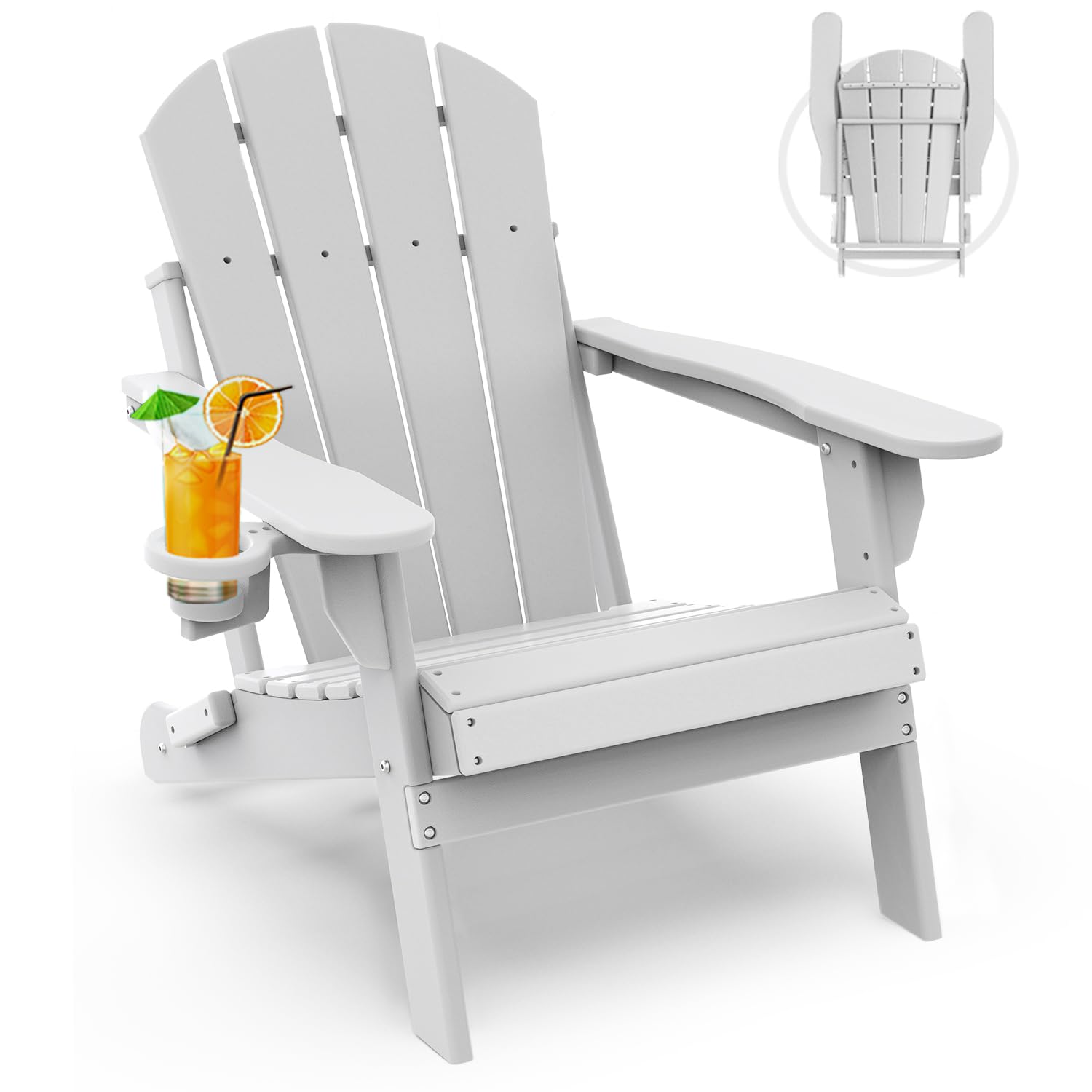 GREENVINES Folding-Adirondack-Chairs-Set-of-4 | HDPE Plastic | Fire Pit Chair | All Weather | Cup Holder | Blue | for Deck Backyard Patio Outdoor Garden