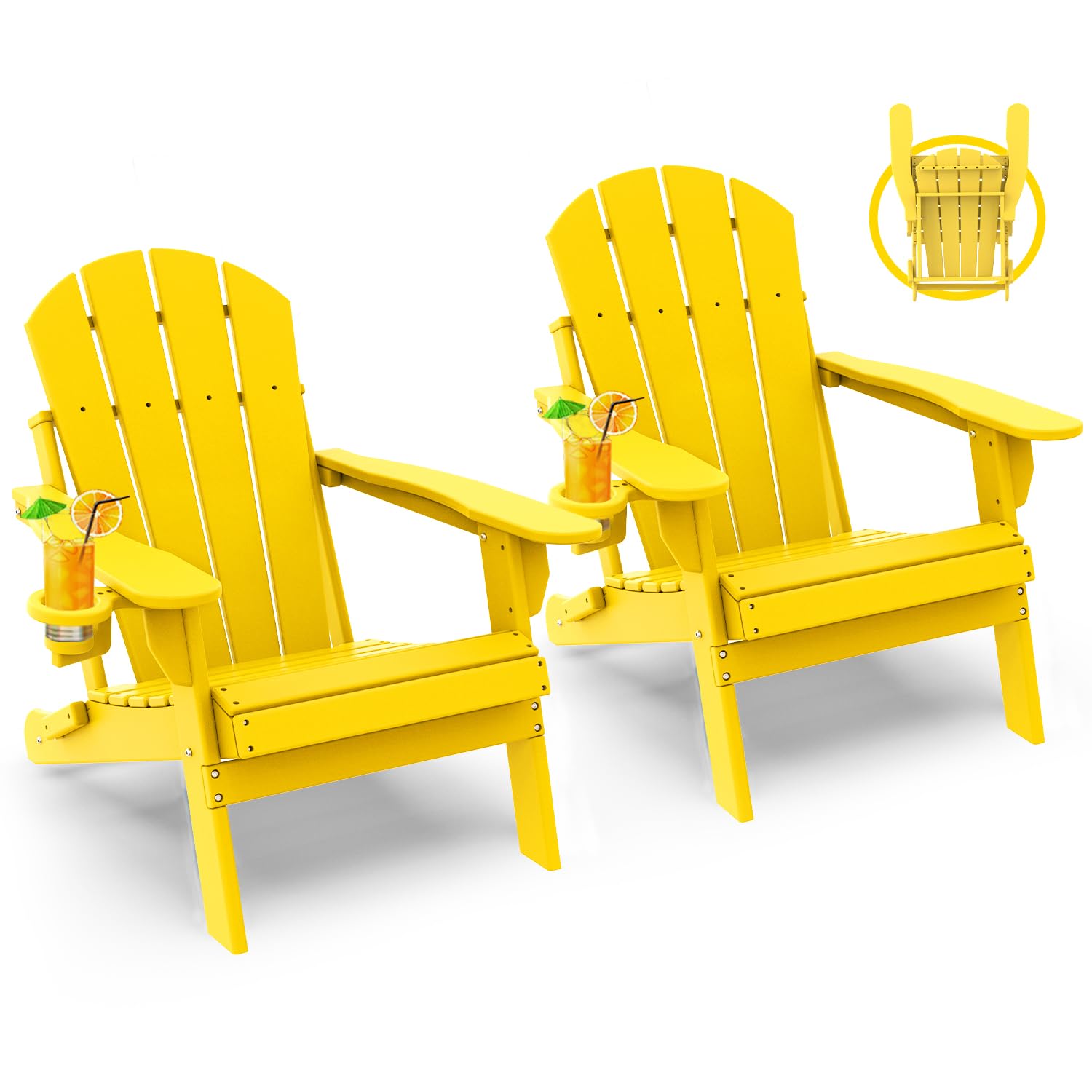 GREENVINES Folding-Adirondack-Chairs-Set-of-4 | HDPE Plastic | Fire Pit Chair | All Weather | Cup Holder | Blue | for Deck Backyard Patio Outdoor Garden