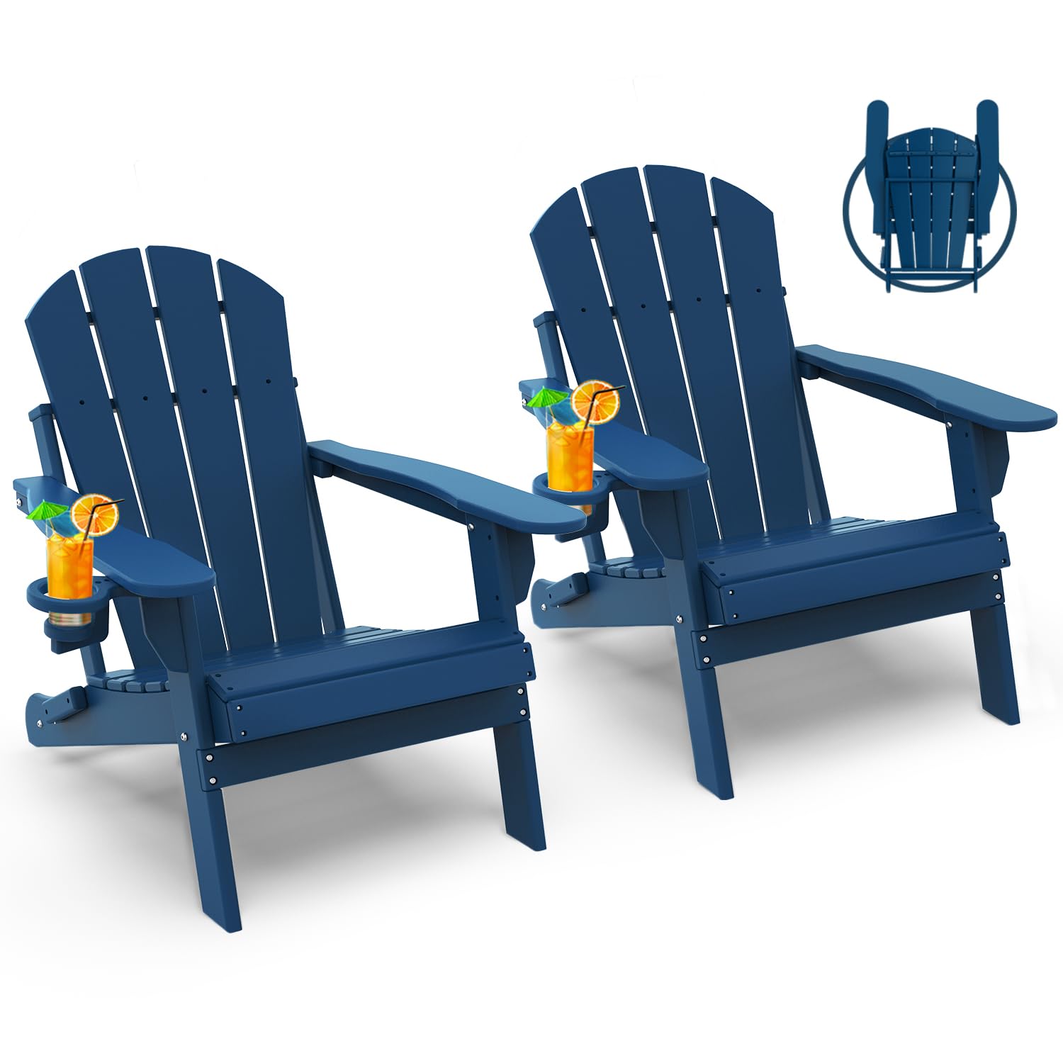 GREENVINES Folding-Adirondack-Chairs-Set-of-4 | HDPE Plastic | Fire Pit Chair | All Weather | Cup Holder | Blue | for Deck Backyard Patio Outdoor Garden