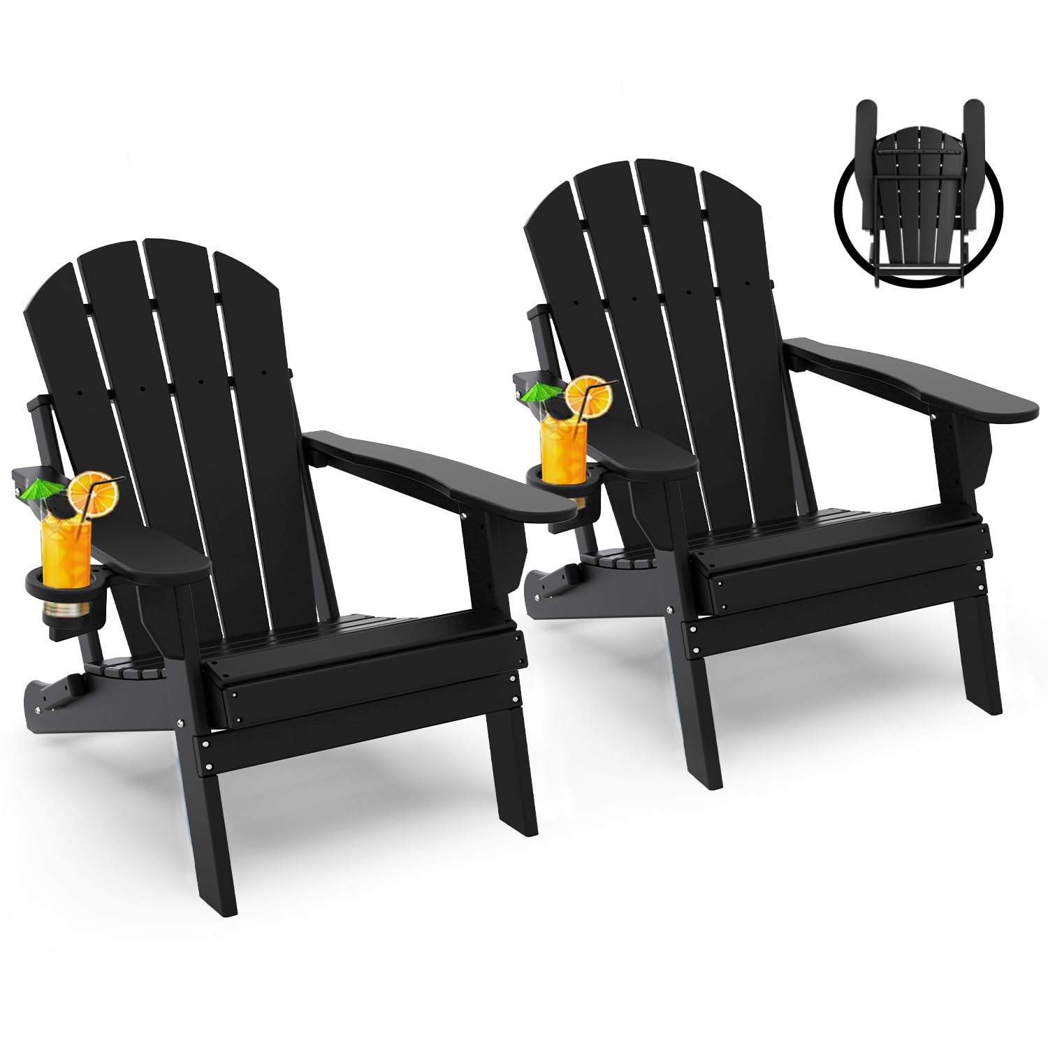 GREENVINES Folding-Adirondack-Chairs-Set-of-4 | HDPE Plastic | Fire Pit Chair | All Weather | Cup Holder | Blue | for Deck Backyard Patio Outdoor Garden