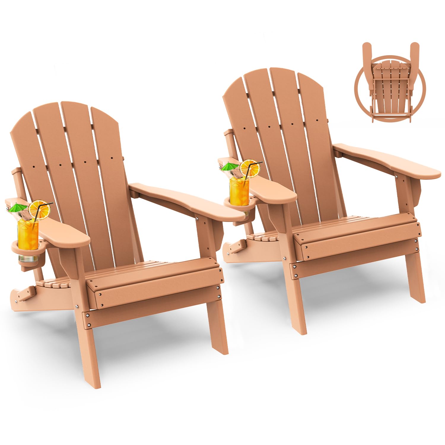 GREENVINES Folding-Adirondack-Chairs-Set-of-4 | HDPE Plastic | Fire Pit Chair | All Weather | Cup Holder | Blue | for Deck Backyard Patio Outdoor Garden