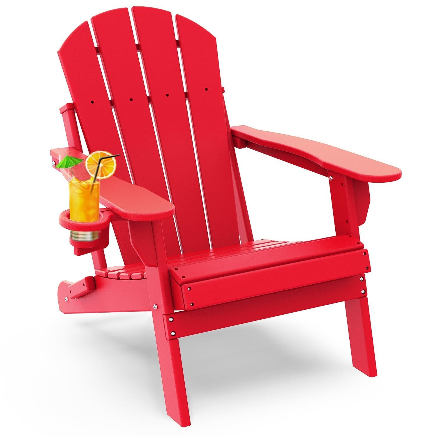 GREENVINES Folding-Adirondack-Chairs-Set-of-4 | HDPE Plastic | Fire Pit Chair | All Weather | Cup Holder | Blue | for Deck Backyard Patio Outdoor Garden