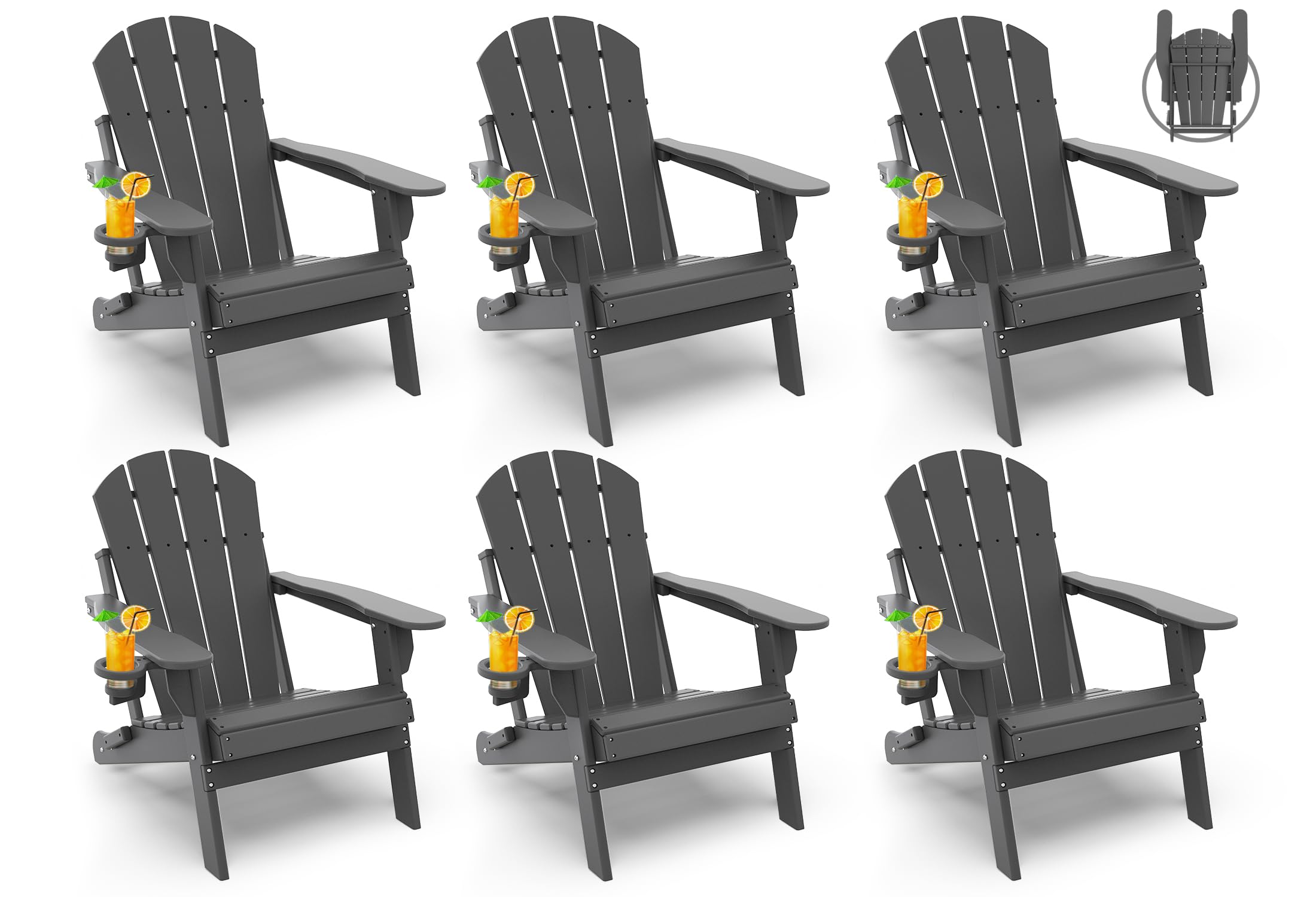 GREENVINES Folding-Adirondack-Chairs-Set-of-4 | HDPE Plastic | Fire Pit Chair | All Weather | Cup Holder | Blue | for Deck Backyard Patio Outdoor Garden