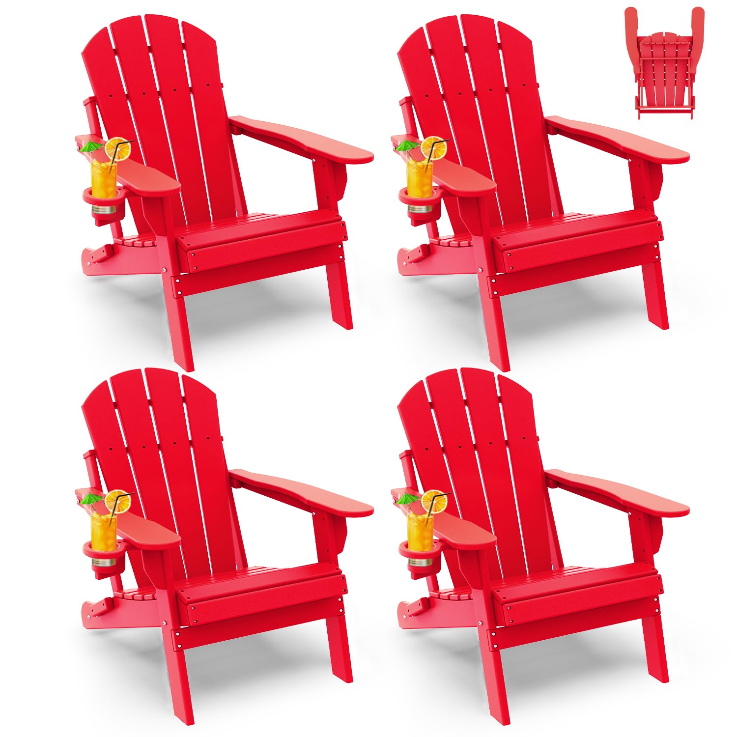 GREENVINES Folding-Adirondack-Chairs-Set-of-4 | HDPE Plastic | Fire Pit Chair | All Weather | Cup Holder | Blue | for Deck Backyard Patio Outdoor Garden