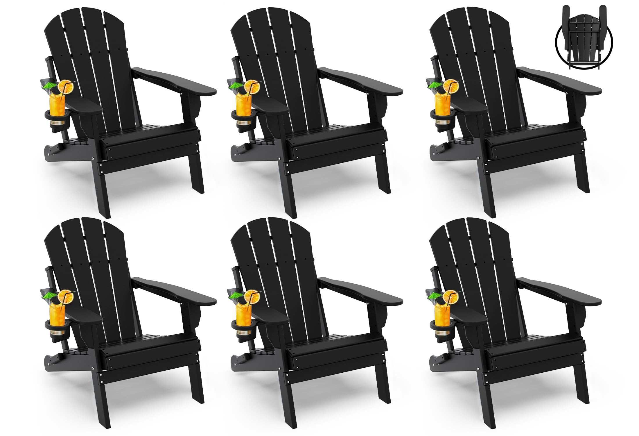 GREENVINES Folding-Adirondack-Chairs-Set-of-4 | HDPE Plastic | Fire Pit Chair | All Weather | Cup Holder | Blue | for Deck Backyard Patio Outdoor Garden