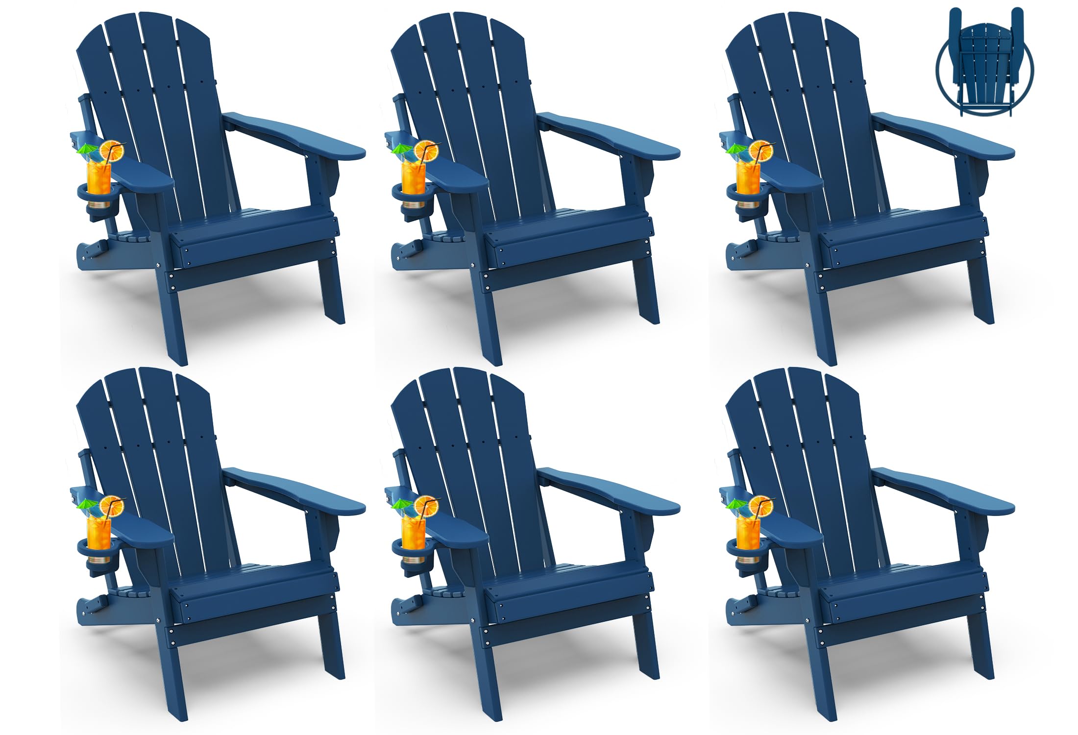 GREENVINES Folding-Adirondack-Chairs-Set-of-4 | HDPE Plastic | Fire Pit Chair | All Weather | Cup Holder | Blue | for Deck Backyard Patio Outdoor Garden