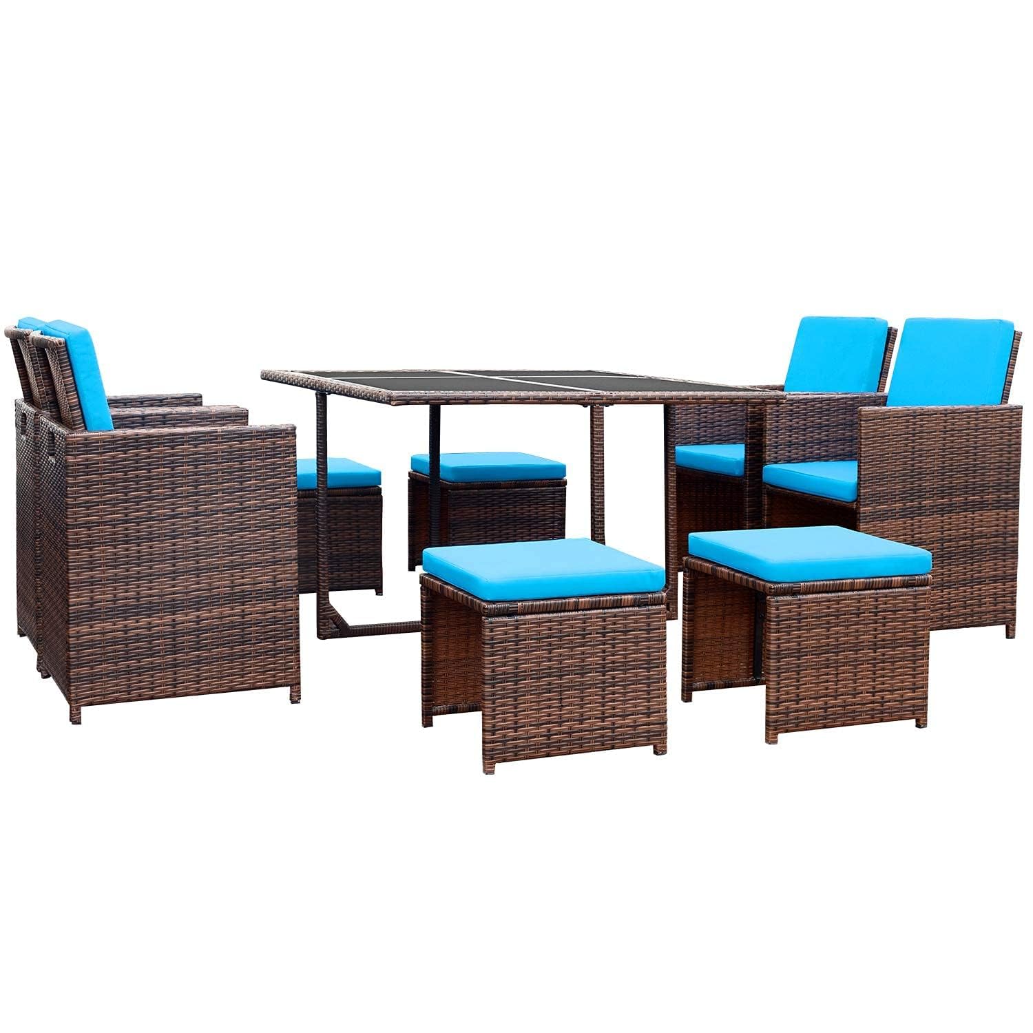 Devoko 9 Pieces Patio Dining Sets Outdoor Space Saving Rattan Chairs with Glass Table Patio Furniture Sets Cushioned Seating and Back Sectional Conversation Set (Beige)