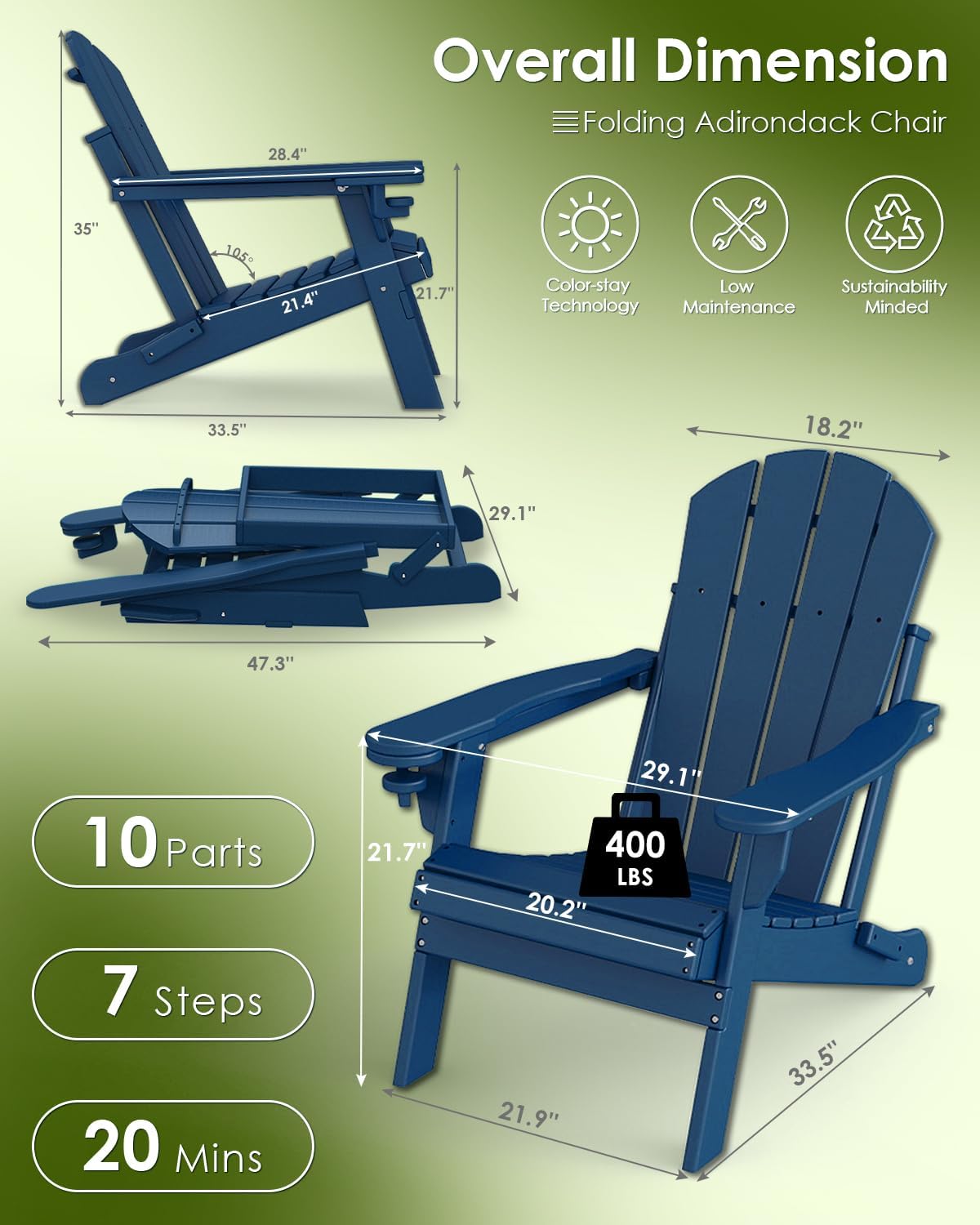 GREENVINES Folding-Adirondack-Chairs-Set-of-4 | HDPE Plastic | Fire Pit Chair | All Weather | Cup Holder | Blue | for Deck Backyard Patio Outdoor Garden
