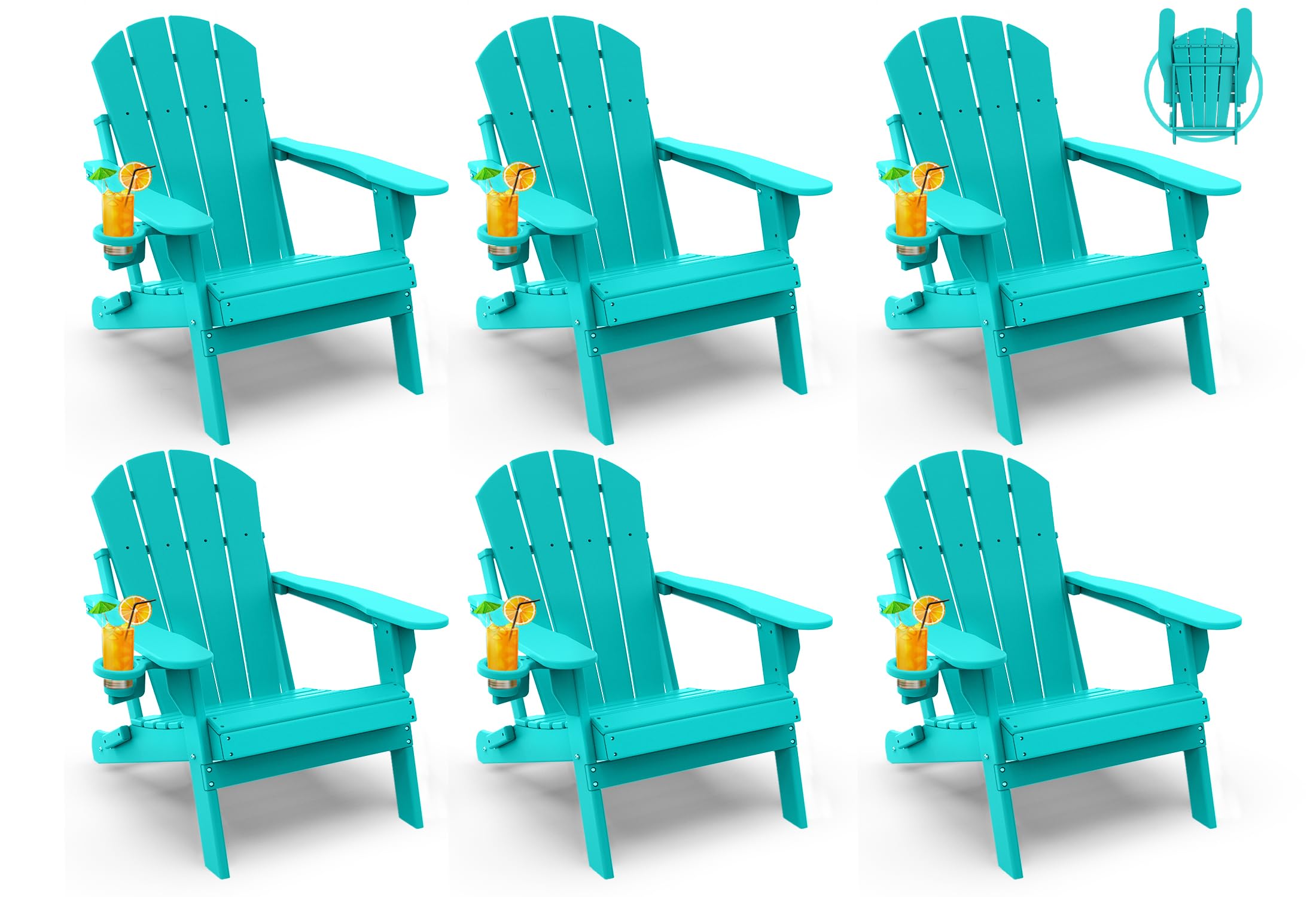 GREENVINES Folding-Adirondack-Chairs-Set-of-4 | HDPE Plastic | Fire Pit Chair | All Weather | Cup Holder | Blue | for Deck Backyard Patio Outdoor Garden