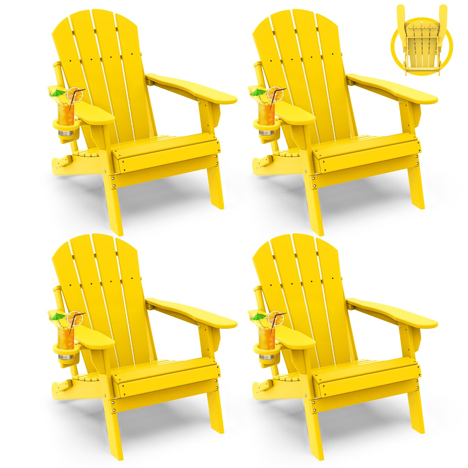 GREENVINES Folding-Adirondack-Chairs-Set-of-4 | HDPE Plastic | Fire Pit Chair | All Weather | Cup Holder | Blue | for Deck Backyard Patio Outdoor Garden