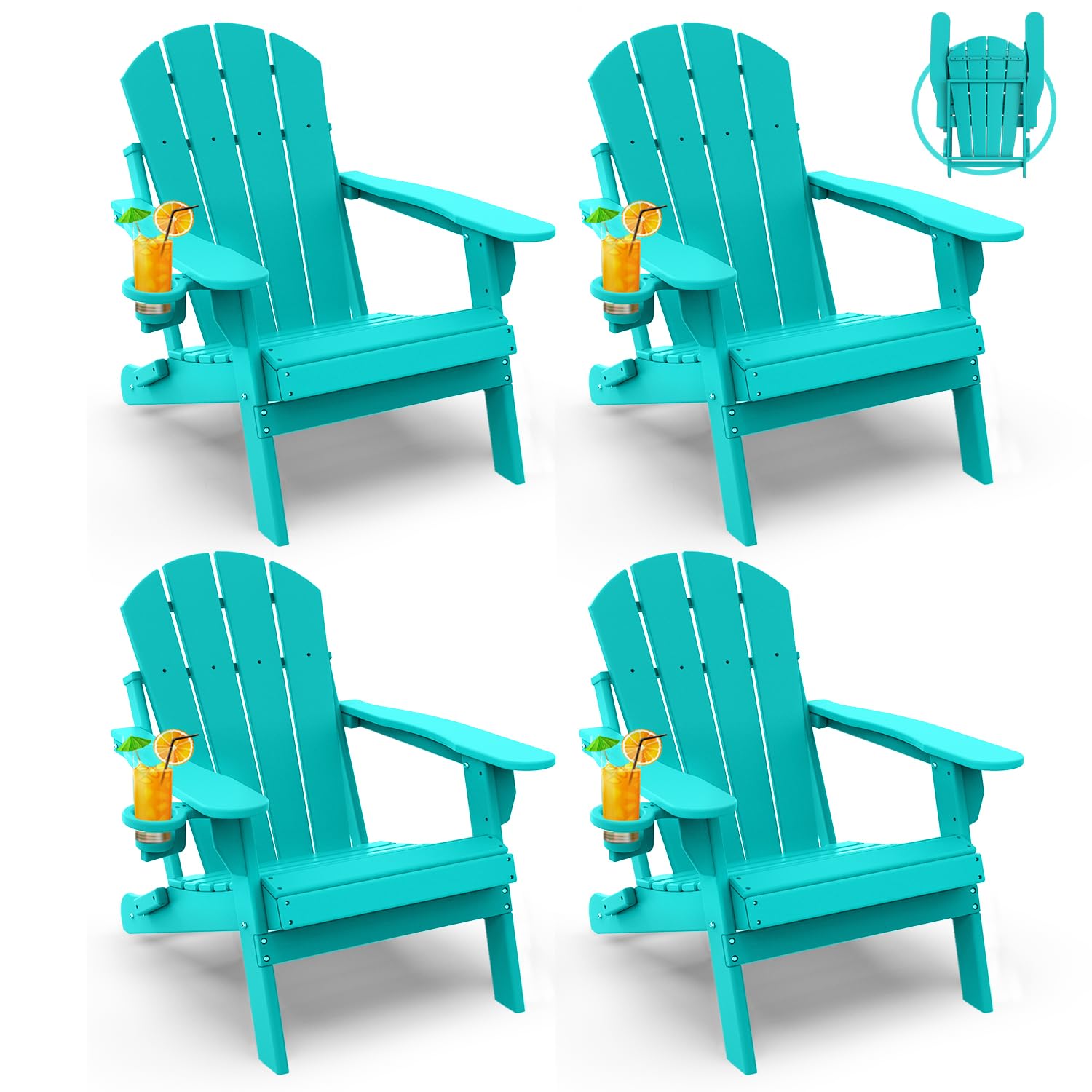GREENVINES Folding-Adirondack-Chairs-Set-of-4 | HDPE Plastic | Fire Pit Chair | All Weather | Cup Holder | Blue | for Deck Backyard Patio Outdoor Garden