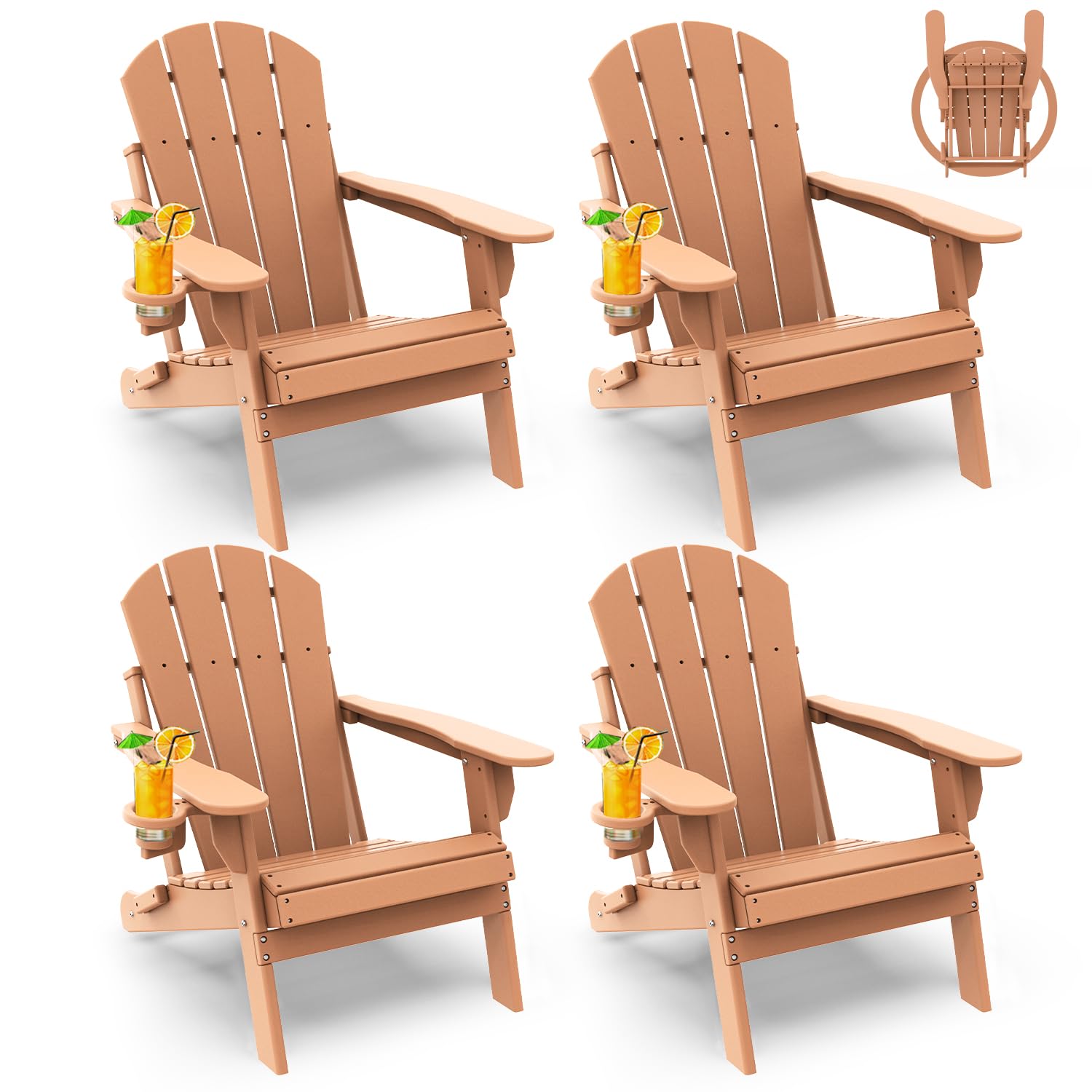 GREENVINES Folding-Adirondack-Chairs-Set-of-4 | HDPE Plastic | Fire Pit Chair | All Weather | Cup Holder | Blue | for Deck Backyard Patio Outdoor Garden