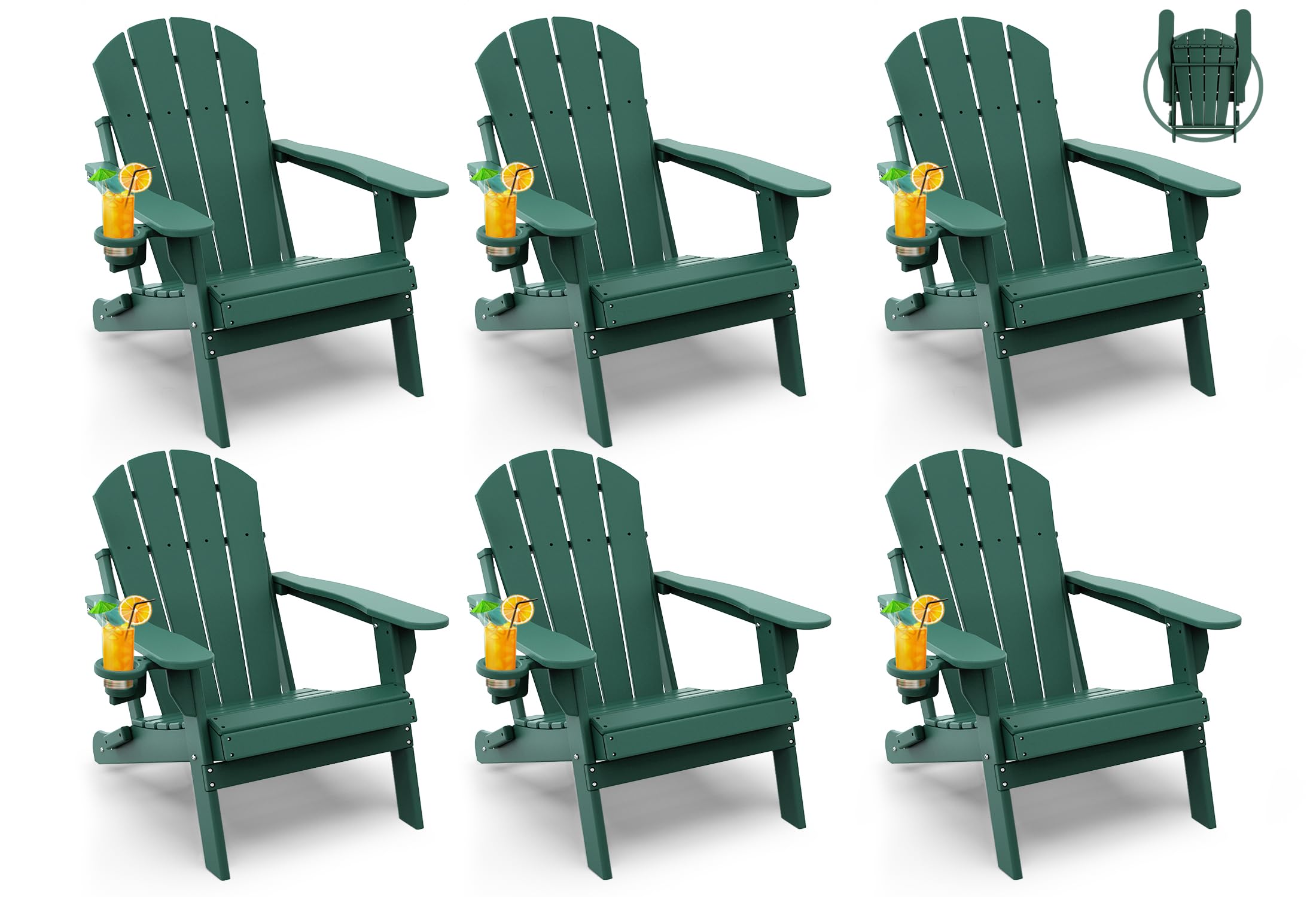 GREENVINES Folding-Adirondack-Chairs-Set-of-4 | HDPE Plastic | Fire Pit Chair | All Weather | Cup Holder | Blue | for Deck Backyard Patio Outdoor Garden