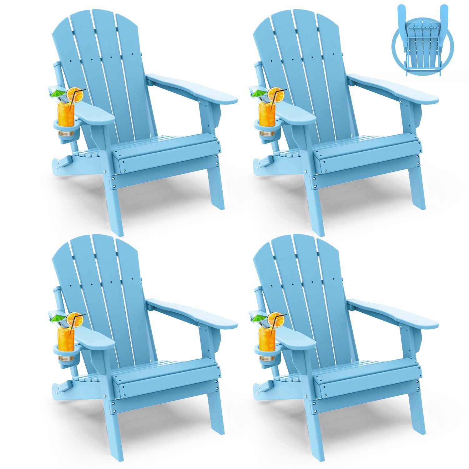 GREENVINES Folding-Adirondack-Chairs-Set-of-4 | HDPE Plastic | Fire Pit Chair | All Weather | Cup Holder | Blue | for Deck Backyard Patio Outdoor Garden