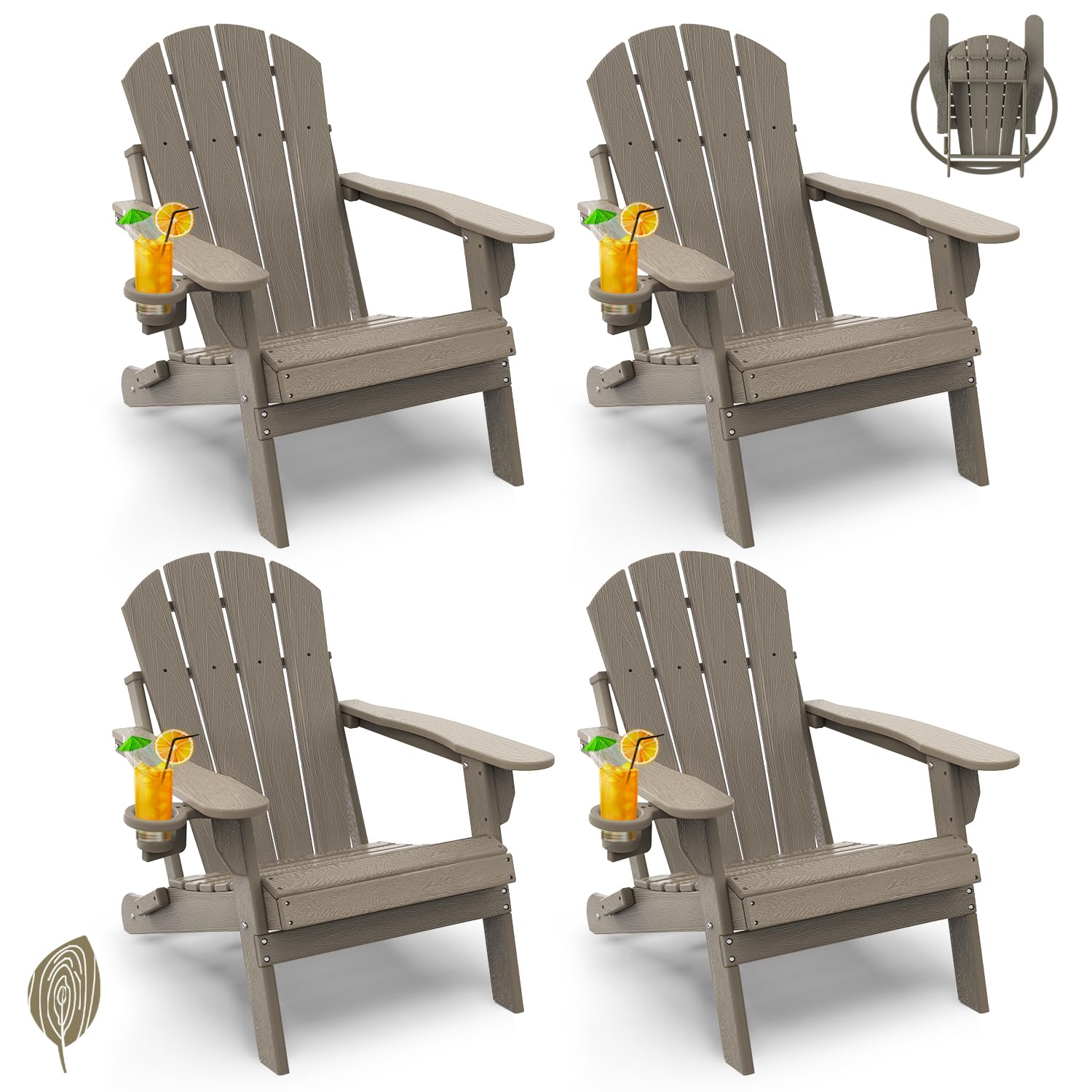 GREENVINES Folding-Adirondack-Chairs-Set-of-4 | HDPE Plastic | Fire Pit Chair | All Weather | Cup Holder | Blue | for Deck Backyard Patio Outdoor Garden