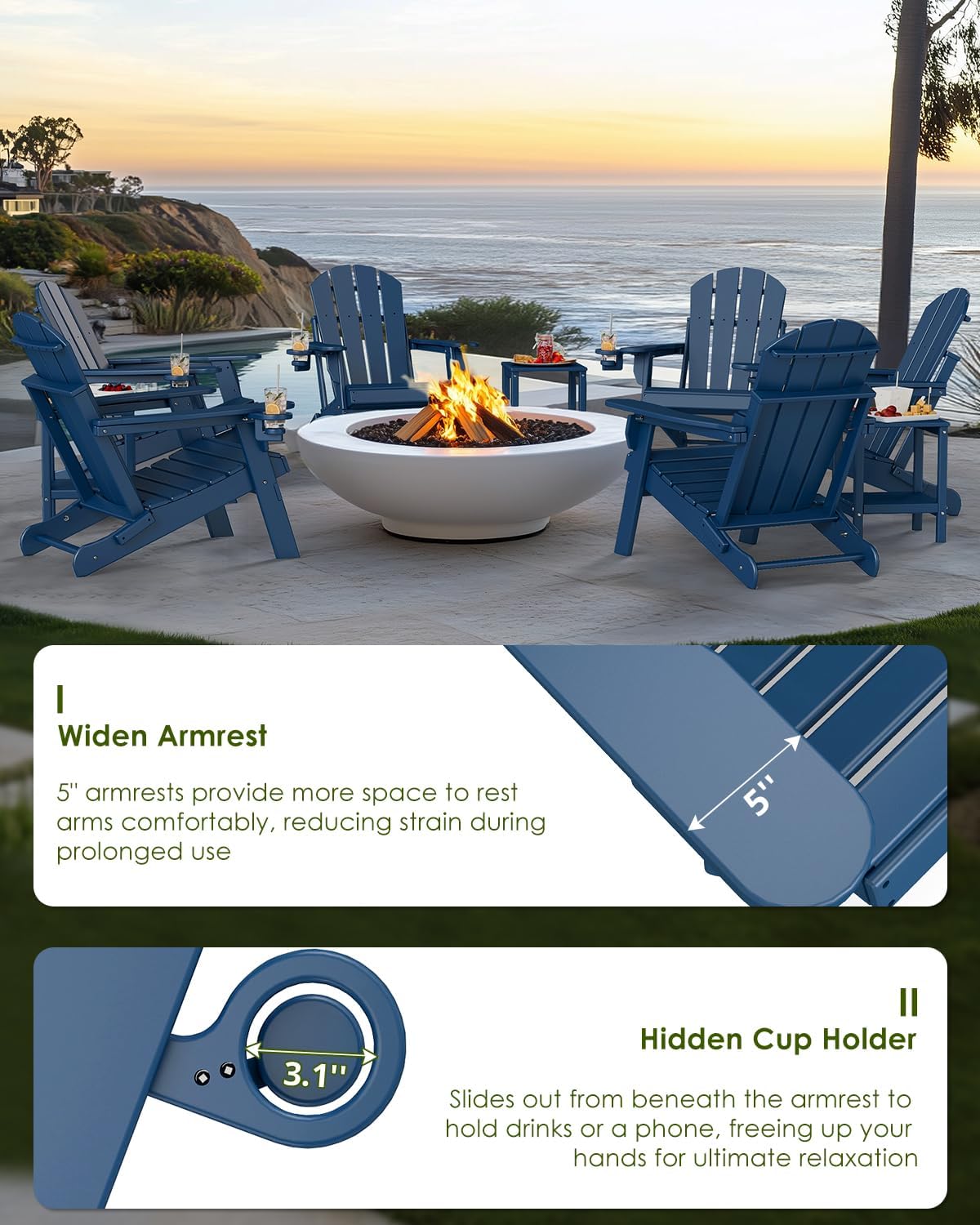 GREENVINES Folding-Adirondack-Chairs-Set-of-4 | HDPE Plastic | Fire Pit Chair | All Weather | Cup Holder | Blue | for Deck Backyard Patio Outdoor Garden