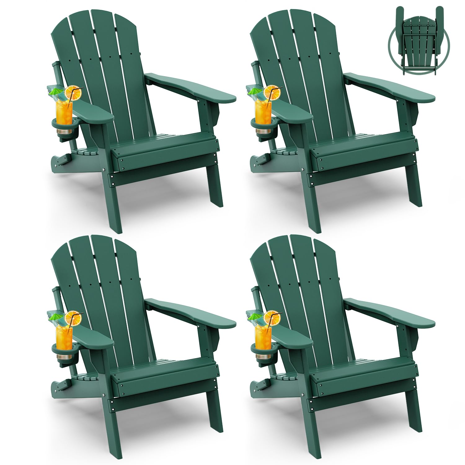GREENVINES Folding-Adirondack-Chairs-Set-of-4 | HDPE Plastic | Fire Pit Chair | All Weather | Cup Holder | Blue | for Deck Backyard Patio Outdoor Garden