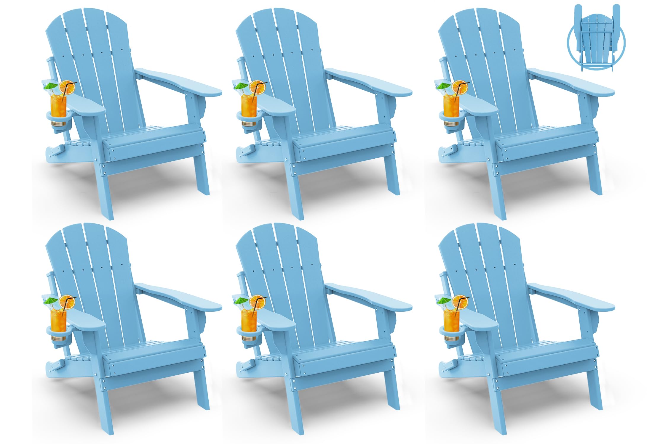 GREENVINES Folding-Adirondack-Chairs-Set-of-4 | HDPE Plastic | Fire Pit Chair | All Weather | Cup Holder | Blue | for Deck Backyard Patio Outdoor Garden