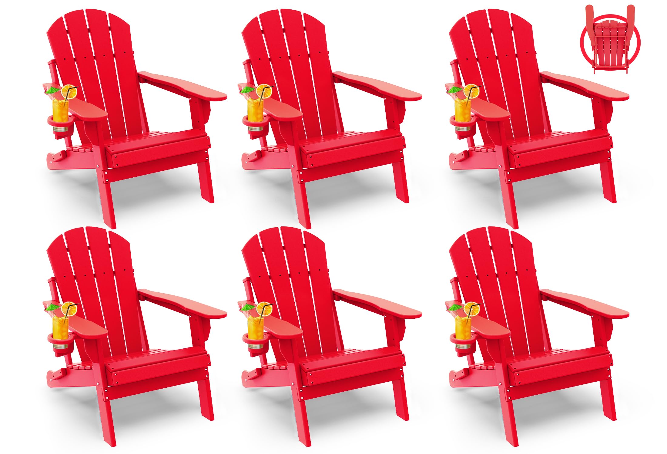 GREENVINES Folding-Adirondack-Chairs-Set-of-4 | HDPE Plastic | Fire Pit Chair | All Weather | Cup Holder | Blue | for Deck Backyard Patio Outdoor Garden