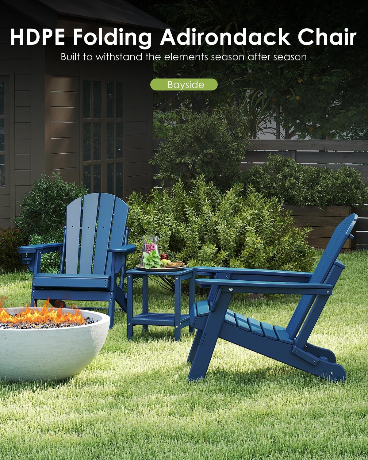GREENVINES Folding-Adirondack-Chairs-Set-of-4 | HDPE Plastic | Fire Pit Chair | All Weather | Cup Holder | Blue | for Deck Backyard Patio Outdoor Garden