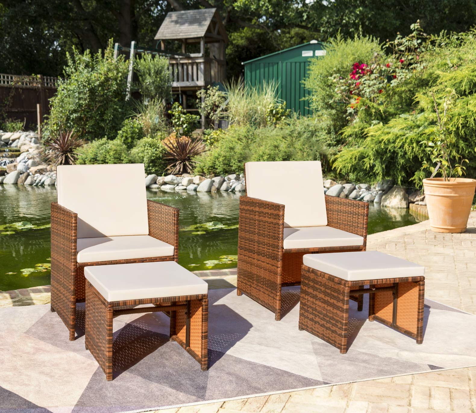 Devoko 9 Pieces Patio Dining Sets Outdoor Space Saving Rattan Chairs with Glass Table Patio Furniture Sets Cushioned Seating and Back Sectional Conversation Set (Beige)