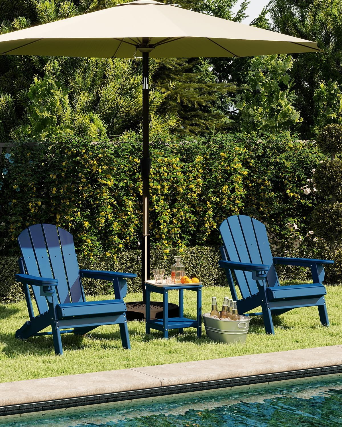 GREENVINES Folding-Adirondack-Chairs-Set-of-4 | HDPE Plastic | Fire Pit Chair | All Weather | Cup Holder | Blue | for Deck Backyard Patio Outdoor Garden