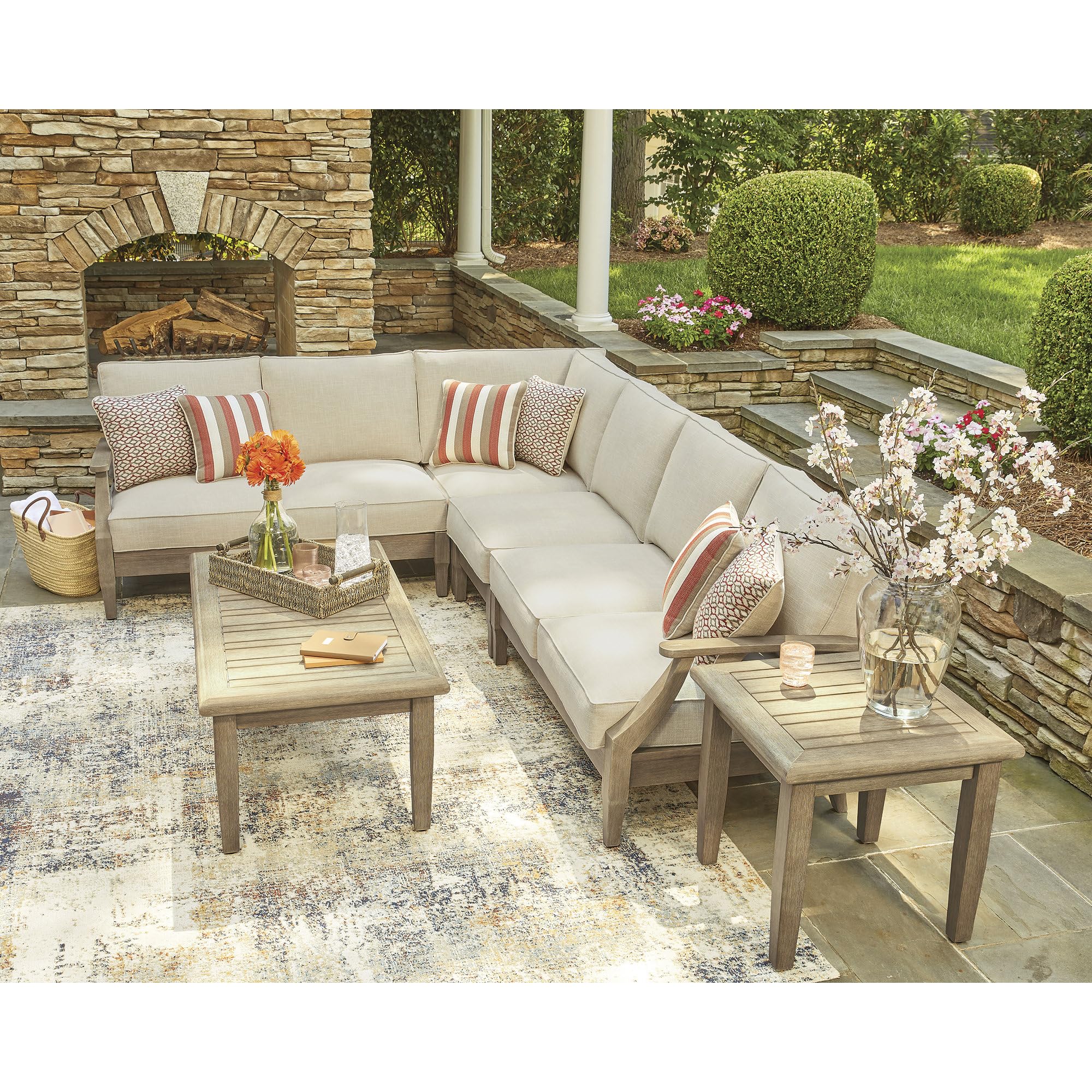 Signature Design by Ashley Clare View Outdoor Lounge Chair, All-weather Foam Cushion, Protective Finish, Eucalyptus Wood , 30" W x 35" D x 32" H, Beige